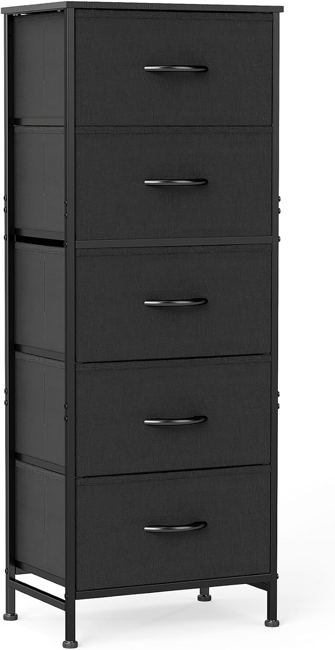 Sweetcrispy Black Storage Drawer Bedroom Dresser, Tall Dresser for Closet | Chest of 5 Drawers for Home Storage with Fabric Bins, Narrow Nightstand, Durable Clothes Oragnizer