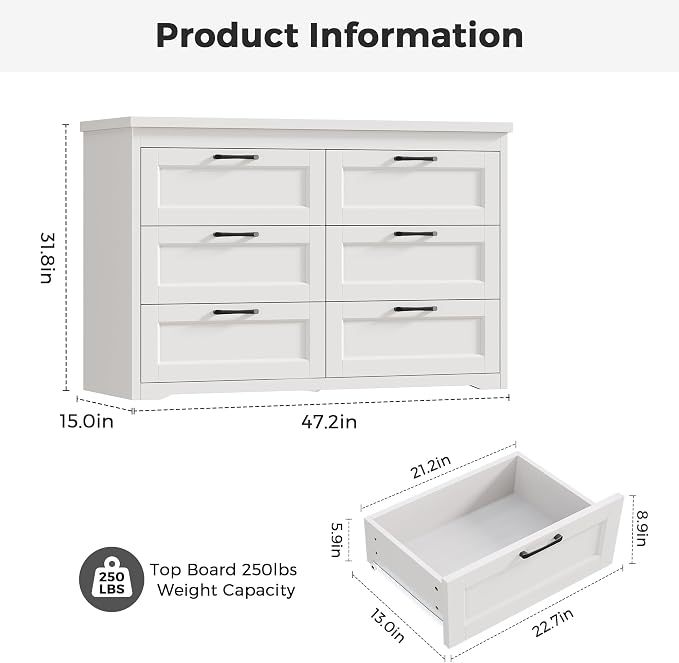 Jocoevol White 6 Drawer Dresser for Bedroom, 47.2" Modern Chest of Drawers | Wooden Storage Dresser with Mental Handle, Large Double Dresser with 5.9" Deep Drawers for Living Room, Hallway Entryway