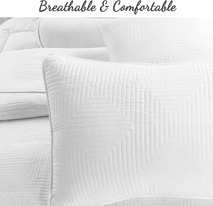 Cozy Line Home Fashions 100% Cotton Square Check Stitch Solid White Quilt Bedding Set, Bedspread Coverlet Lightweight for All Seasons (Maze - White, Queen - 3 piece)