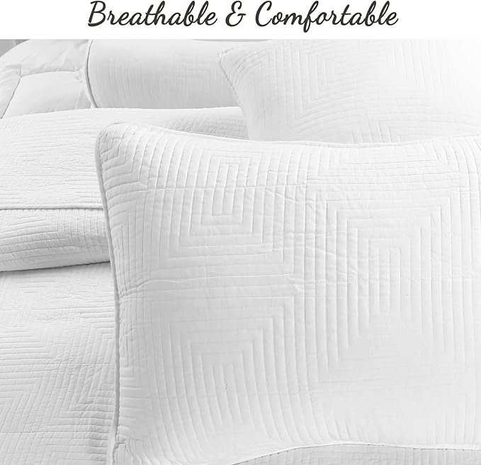 Cozy Line Home Fashions 100% Cotton Square Check Stitch Solid White Quilt Bedding Set, Bedspread Coverlet Lightweight for All Seasons (Maze - White, Twin - 2 piece)