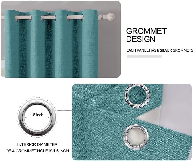 MIULEE 100% Blackout Linen Curtains for Bedroom 52x96 Inches Teal | Room Darkening, Light Blocking, Thermal Insulated, Grommet Top, Linen Textured, Window Curtains for Living Room, 2 Panels
