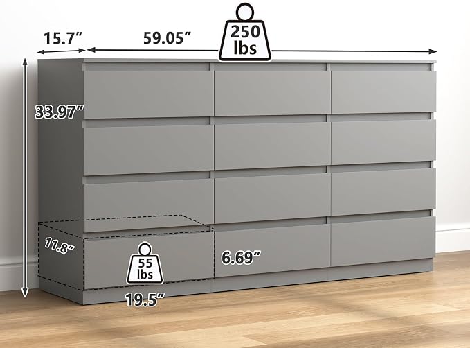 Vibe & Dine 12 Drawer Dresser, 59.1" Large Dresser for Bedroom Free Handle, Modern Wooden Chest of Drawers with Wide Storage for Living Room, Grey