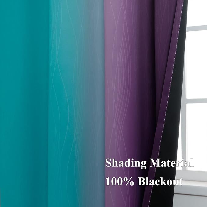 Ombre Teal and Purple Blackout Curtains for Kids Bedroom | Room Darkening Thermal Insulated Gradient Curtains, Full Light Blocking Grommet Drapes for Living Room,42Wx63L Inch, 2 Panels