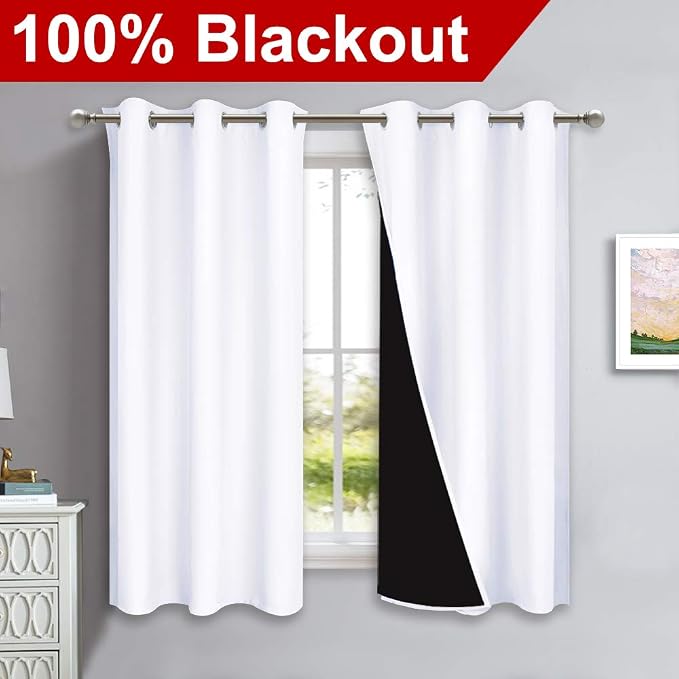 NICETOWN Pure White Blackout Curtains for Kitchen 42" w x 63" L 2 Panels | 100% Blackout Lined 2 Thick Layers Completely Room Darkening Panels, Light Blocking Thermal Insulated Drapes Window Decor