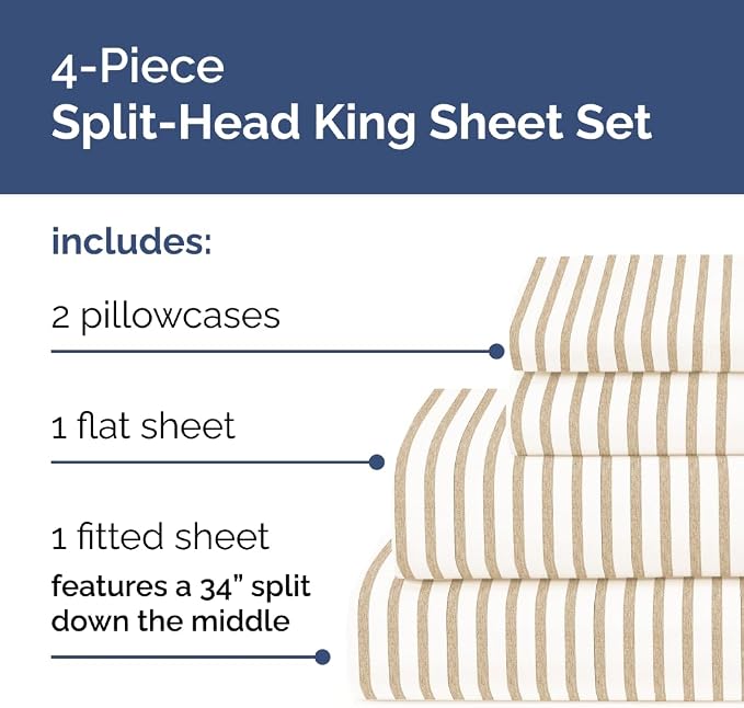 Flex Top Split Head King 4 Piece Sheet Set - Soft & Cooling - Beige Stripes | Cooling Bed Sheets Set, Hotel Luxury Bedding for Women & Men with Deep Pockets, Wrinkle Free & Fade Resistant, Oeko-Tex