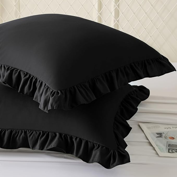 KKJIAF 2 Pack Ruffle Pillow Cases 24x24 Inches, Black | Square Ruffled Pillow Covers, Microfiber Wrinkle Resistant Pillow Shams with Envelope Closure for Sofa Bed Living Room