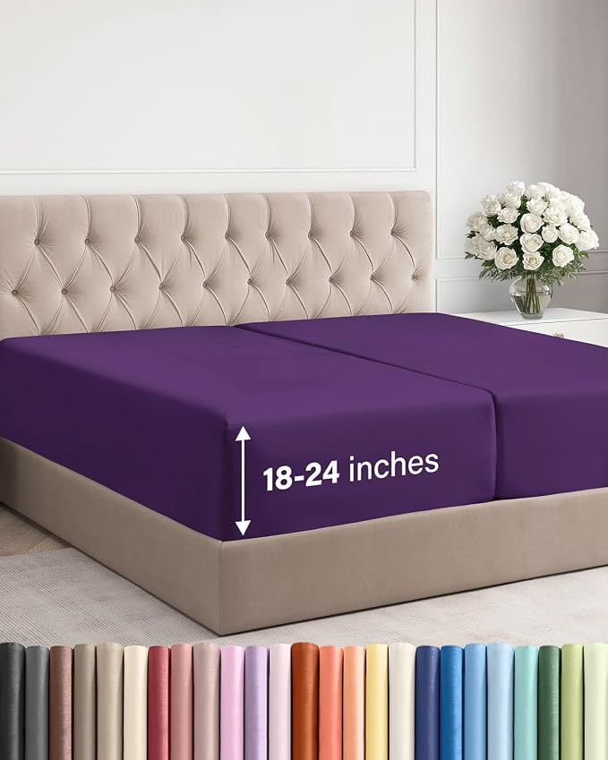 Extra Deep Split King Fitted Sheet - Single Fitted Sheet Only - Purple | Easily Fits 18 inch to 24 inch Mattress, Soft, Wrinkle Free, Breathable & Comfy, Extra Deep Pockets Hotel Luxury Fitted Sheet