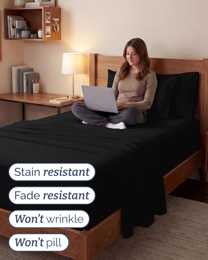 Extra Deep Twin XL Sheet Set - 4 Piece College Dorm Room - Black | College Dorm Room Essentials, Easy & Secure Fit, Ultra-Soft, Wrinkle & Fade Free, Comfy Sheets Set with Extra Deep Pockets