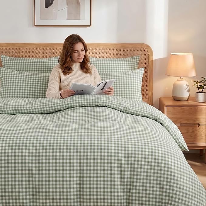 NEXHOME PRO Green Gingham Duvet Cover King, 100% Washed Cotton Like Linen Feel Organic Natural Bedding Set 3 Piece Sage Vintage Plaid Checkered Comforter Cover Set (No Comforter) 10490