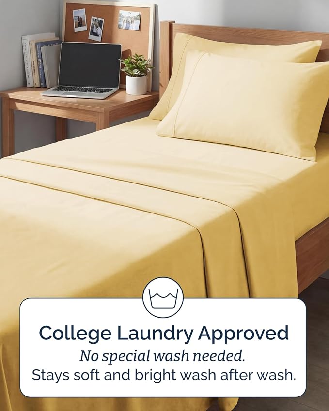 Twin XL 4 Piece Sheet Set - College Dorm Room Essentials - Butter Yellow | Ultra Soft Dorm Bedding Set, 8" to 16" Inch Deep Pockets, 1 Flat & 1 Fitted Sheet & 2 Pillowcases, Wrinkle & Fade Free
