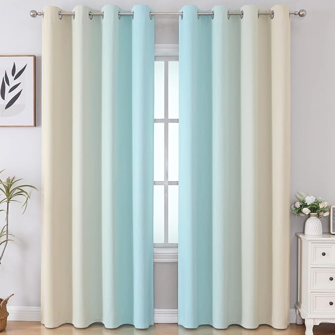 Aqua and Beige Ombre Blackout Curtains for Bedroom 96 Inch | Thermal Insulated Curtains for Living Room, Full Room Darkening, Energy Saving, Grommet Gradient Drapes, 52Wx96L, 2 Panels