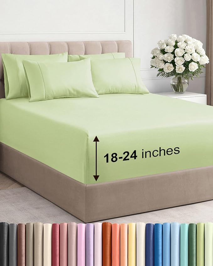 Extra Deep King Sheet Set - 6 Piece Breathable & Cooling - Light Sage Green | Hotel Luxury Bed Sheets Set, Easy & Secure Fit, Ultra-Soft, Wrinkle & Fade Free, Comfy Sheets Set with Extra Deep Pockets