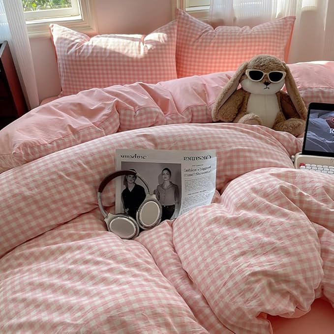 Nayoroom Gingham Duvet Cover Queen Reversible Pink Plaid Checkered Bedding | Soft Breathable Washed Microfiber, All-Season Comfort, Hidden Zipper, 4 Corner Ties, Coquette Modern Farmhouse, Dorm Bedding