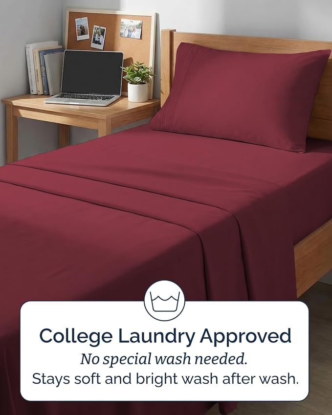 Twin XL 3 Piece Sheet Set - College Dorm Room Essentials - Burgundy | Deep Pocket Bed Sheets for Women, Men, Teens & Students, Soft, Cooling, Breathable & Wrinkle Free, Oeko-Tex Bed Sheet Set