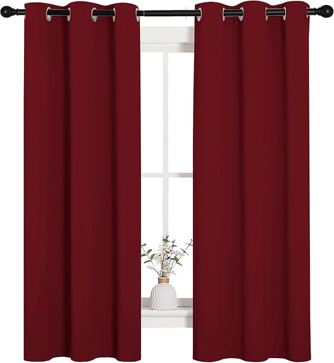 NICETOWN Christmas Window Curtains, 1 Pair, 34 by 63-in, Burgundy Red | Blackout Drapes, Thermal Insulated Solid Grommet Blackout Curtains/Draperies for Living Room