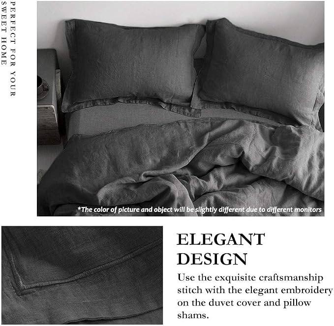 Simple&Opulence 100% Linen Duvet Cover Set with Embroidery Washed - 3 Pieces (1 Duvet Cover with 2 Pillow Shams) with Button Closure Soft Breathable Farmhouse - Dark Grey, King Size