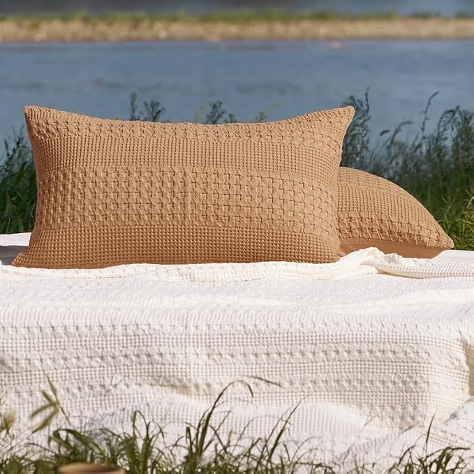 PHF 100% Cotton Waffle Pillow Shams King Size, 2 Pack 20" x 36" Soft Skin-Friendly Pillowcases, No Filling, Aesthetic Woven and Breathable Waffle Weave Pillow Case Covers for Bed, Clay