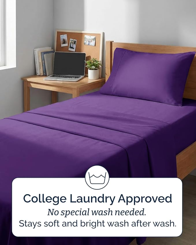 Extra Deep Twin XL Sheet Set - 3 Piece College Dorm Room - Purple | Soft, Breathable & Cooling, Easily Fits 18 to 24 inch Mattress, Wrinkle Free & Fade Resistant with Extra Deep Pockets