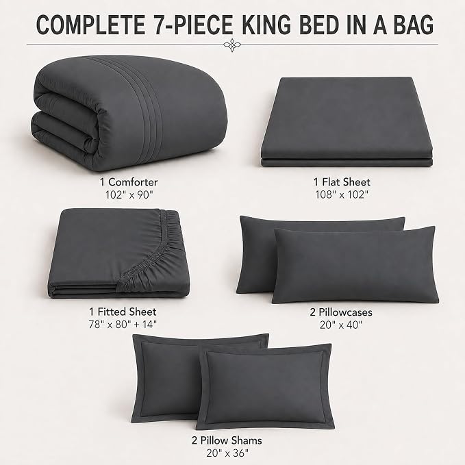 King Comforter Set Dark Grey - Bed in a Bag King Size 7 Pieces, Soft Bedding Set for All Seasons, Premium King Comforter Set with Comforter, Sheets, Pillowcases & Shams