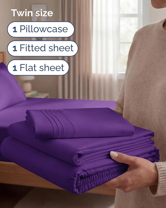Twin Size 3 Piece Sheet Set - Comfy Breathable & Cooling Sheets - Purple | Hotel Luxury Bed Sheets for Women & Men, Deep Pockets, Easy-Fit, Extra Soft and Wrinkle Free Sheets, Oeko-Tex Bed Sheet Set