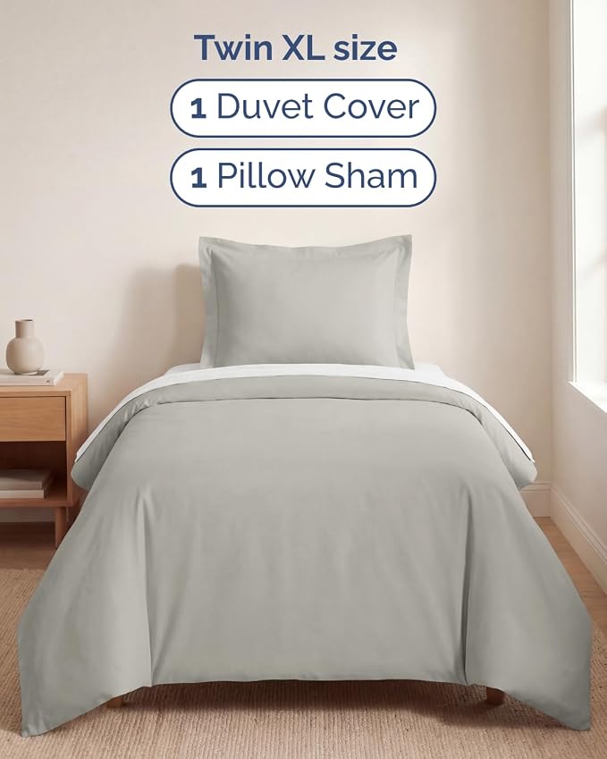 Duvet Cover Twin/Twin XL - 2 Piece with Zipper Closure - Light Grey | Extra Soft, Breathable, Twin/Twin XL Duvet Cover 68" x 90" w/ 1 Pillow Sham, Zipper Closures & Ties, Women, Men, Kids & Teens