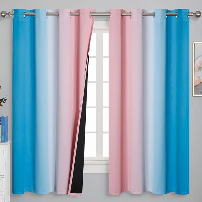 Pink and Blue Ombre Curtains for Bedroom 63 Inch Long | Room Darkening Curtains for Living Room,Wave Line Pattern,Thermal Insulated,Light Blocking Grommet Drapes,52x63 Inch,2 Panels