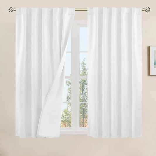100% Blackout Linen Curtains 45 Inches for Small Windows 2 Panels | White, Thermal Bedroom Curtains, Privacy Protected, Kitchen Panels, Rod Pocket Back Tab, with White Liner, 42 x 45 Inch