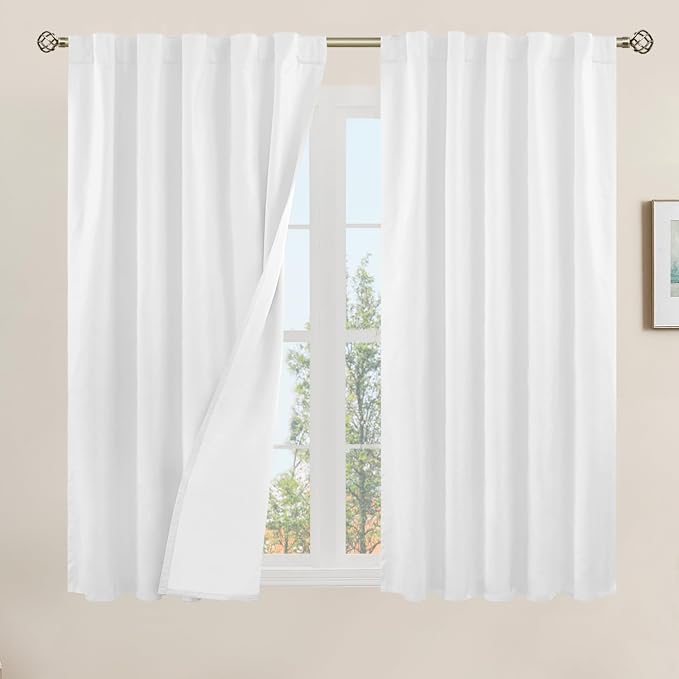 White 100% Blackout Linen Curtains 54 Inch Length for Bedroom | Thermal Insulated, Curtains for Small Windows, Rod Pocket Back Tab, Neutral Drapes, with White Liner, 2 Panels, 42 x 54 Inch