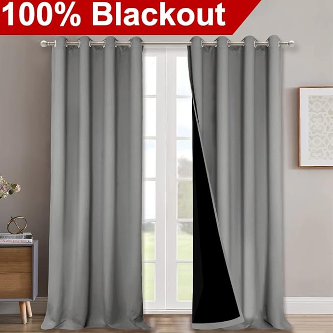 NICETOWN Silver Grey Blackout Curtains for Hall 52" w x 95" L 2 Panels | Total Shade Heavy-Duty Full Light Shading Drapes with Black Liner Backing for Villa Dorm Window, Bedroom Privacy Home Decor