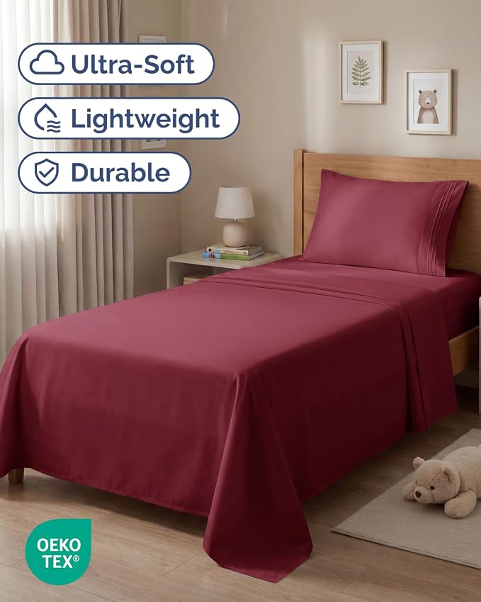 Twin Size 3 Piece Sheet Set - Comfy Breathable & Cooling Sheets - Burgundy | Hotel Luxury Bed Sheets for Women & Men, Deep Pockets, Easy-Fit, Extra Soft and Wrinkle Free Sheets, Oeko-Tex Bed Sheet Set