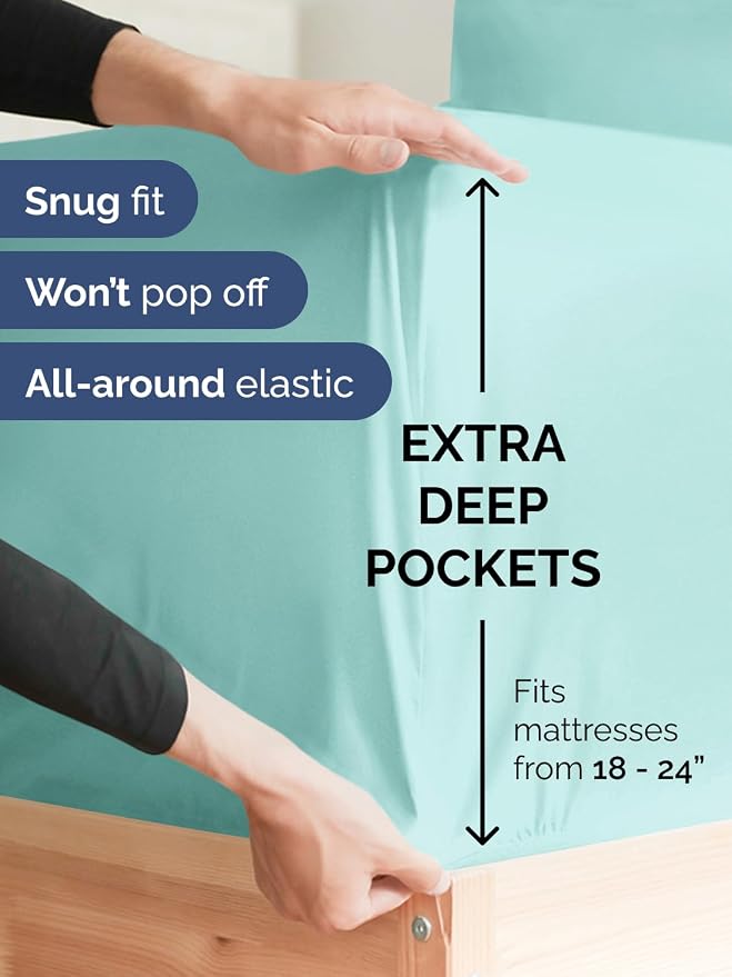 Extra Deep Queen Sheet Set - 4 Piece Breathable & Cooling Sheets - Spa Blue | Easily Fits 18 to 24 inch Mattress - Ultra Soft, Wrinkle & Fade Free with Extra Deep Pockets - Comfy Hotel Luxury Bedding