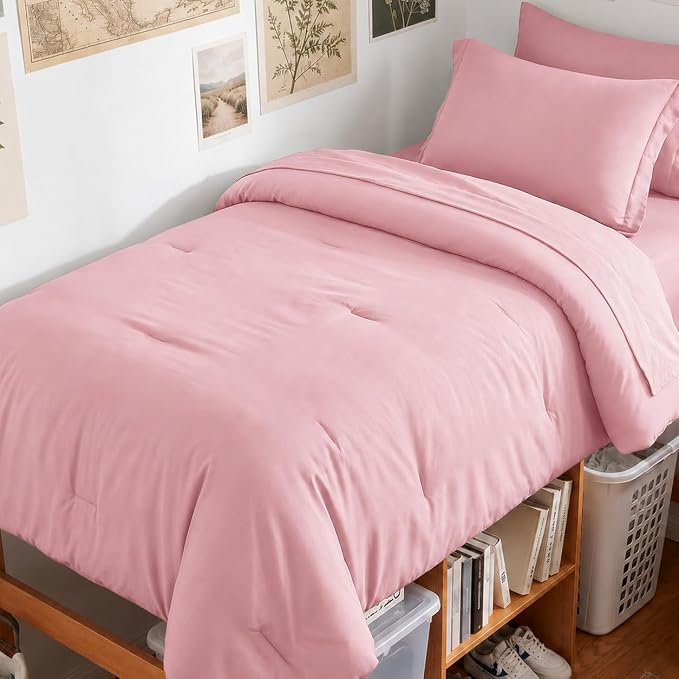 HIMEET Twin XL Comforter Set, 5-Piece Point-Quilted Bed in a Bag, Pink | OEKO-TEX Certified, Lightweight 240 GSM Comforter, Flat Sheet, 14-Inch Deep-Pocket Fitted Sheet, Pillowcase & Sham