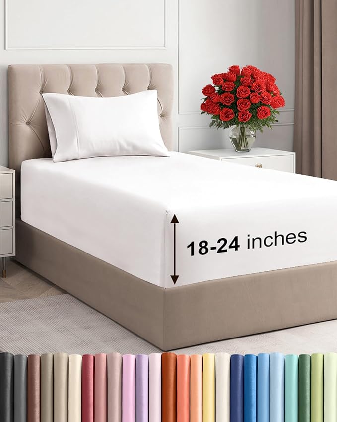 Extra Deep Twin Sheet Set - 3 Piece Breathable & Cooling - Antique White | Easily Fits 18 to 24 inch Mattress - Ultra Soft, Wrinkle & Fade Free with Extra Deep Pockets - Comfy Hotel Luxury Bedding