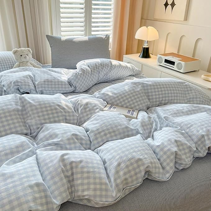 Nayoroom Gingham Duvet Cover Set Oversized King Blue White Plaid Bedding | Soft Breathable Washed Microfiber, All-Season Comfort, Hidden Zipper, 4 Corner Ties, Modern Farmhouse Coastal, Dorm Bedding