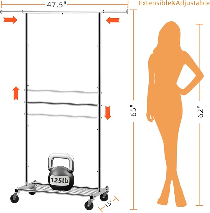 Simple Trending Clothing Garment Rack, Extendable Clothes Rack, Chrome | Double Rod Portable Closet, Mesh Storage Shelf, Waterproof and Rust-resistant, 360° Wheels, Bedroom, Laundry Room