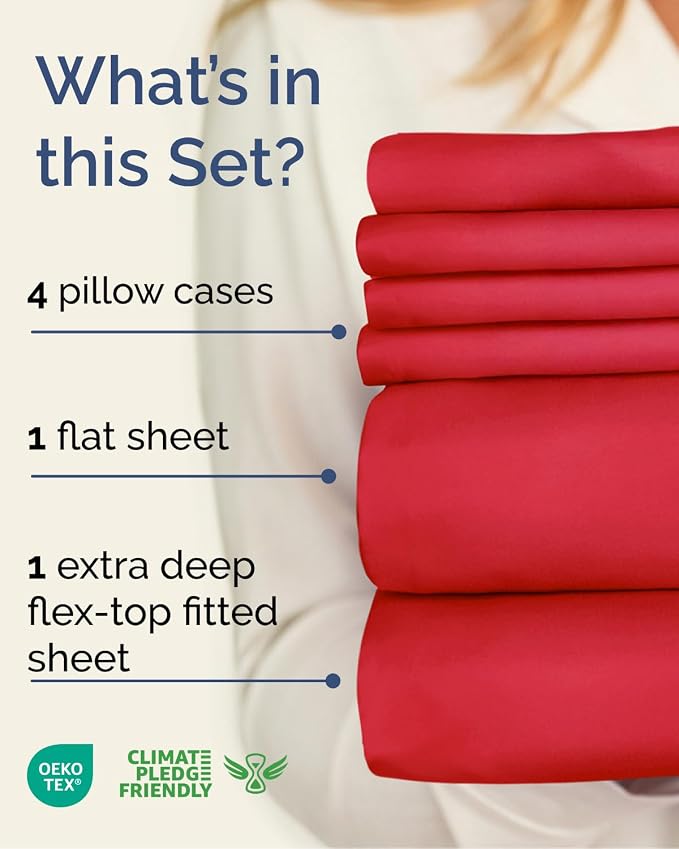 CGK Unlimited Extra Deep Flex Top Split Head King Sheet Set - 6 Piece Breathable and Cooling Sheets - Hotel Luxury Bedding for Women, Men, Kids & Teens - Easy Secure Fit - Extra Deep Pockets - Red