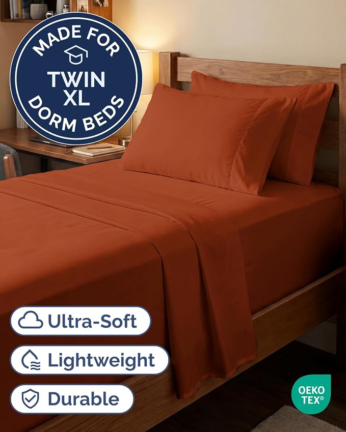 Extra Deep Twin XL Sheet Set - 4 Piece College Dorm Room - Terracotta | College Dorm Room Essentials, Easy & Secure Fit, Ultra-Soft, Wrinkle & Fade Free, Comfy Sheets Set with Extra Deep Pockets