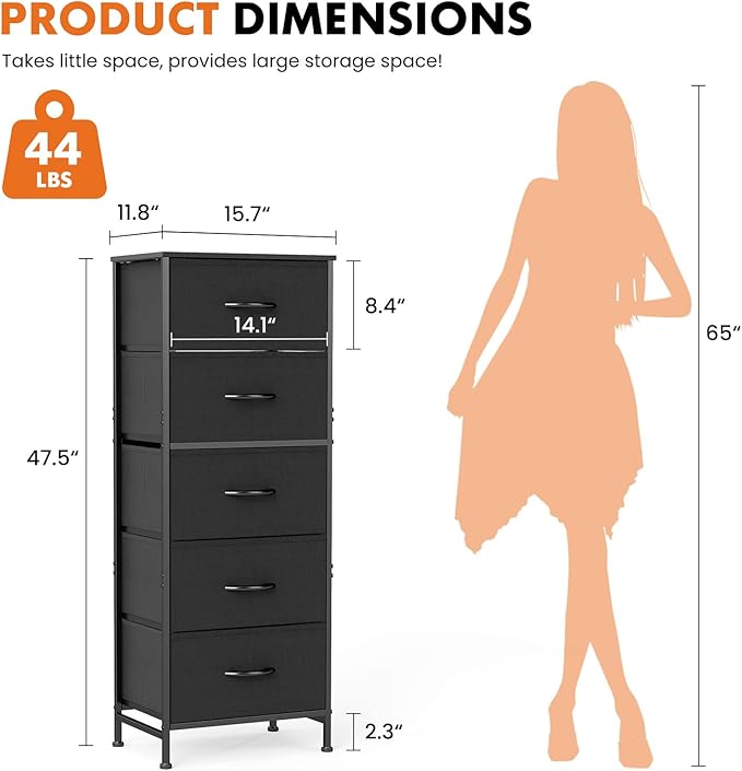 Sweetcrispy Black Storage Drawer Bedroom Dresser, Tall Dresser for Closet | Chest of 5 Drawers for Home Storage with Fabric Bins, Narrow Nightstand, Durable Clothes Oragnizer