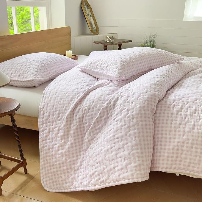 NSNLGSGC Pink Gingham Twin Summer Bedspread Quilt Set | Pre-washed Microfiber,Lightweight Checked Grid Bedding Coverlets for All Seasons