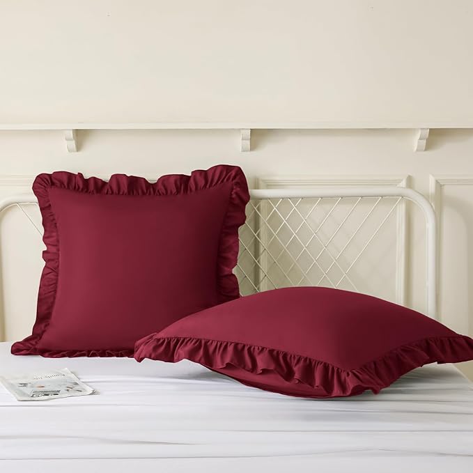 KKJIAF 2 Pack Ruffle Pillow Cases 26x26 Inches, Burgundy | Square Ruffled Pillow Covers, Microfiber Wrinkle Resistant Pillow Shams with Envelope Closure for Sofa Bed Living Room