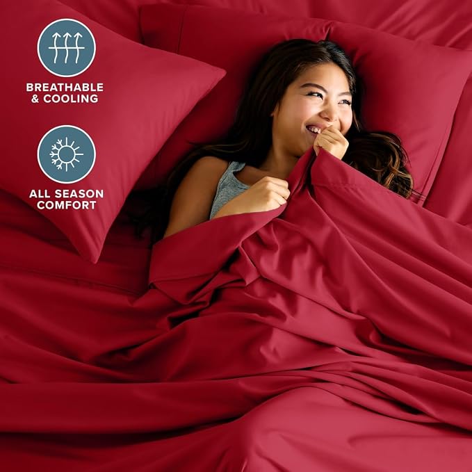 Bare Home Split King Sheet Set - 1800 Ultra-Soft (Split King, Red) | Deep Pockets 6 to 15 Inches, Breathable, Hypoallergenic, Hotel Luxury, Easy Fit, Soft, All-Season
