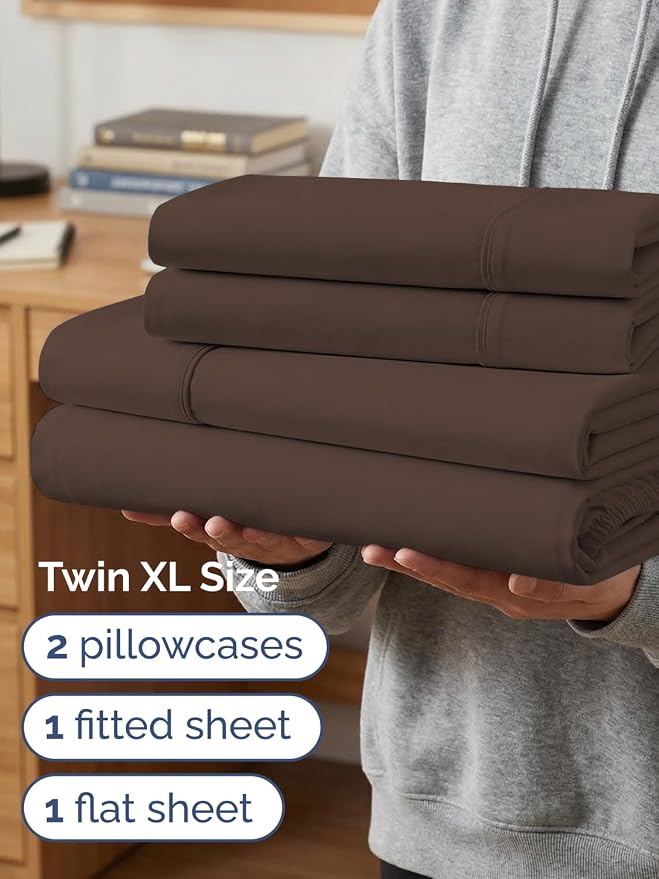 Extra Deep Twin XL Sheet Set - 4 Piece College Dorm Room - Brown | College Dorm Room Essentials, Easy & Secure Fit, Ultra-Soft, Wrinkle & Fade Free, Comfy Sheets Set with Extra Deep Pockets