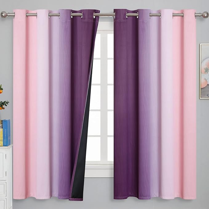 Pink and Purple Ombre Blackout Curtains for Girls Bedroom 63 Inches Long | Estelar Textiler Kids Living Room Curtains,Light Blocking,Thermal Insulated Noise Reducing Grommet Drapes,52Wx63L,2 Panels