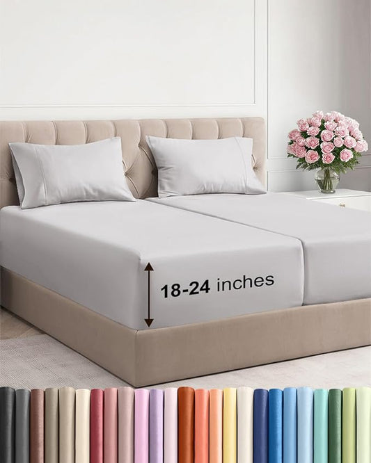 Extra Deep Split King Sheet Set - 5 Piece Breathable Cooling - French Grey | Easily Fits 18 to 24 inch Mattress - Ultra Soft, Wrinkle & Fade Free with Extra Deep Pockets - Comfy Hotel Luxury Bedding