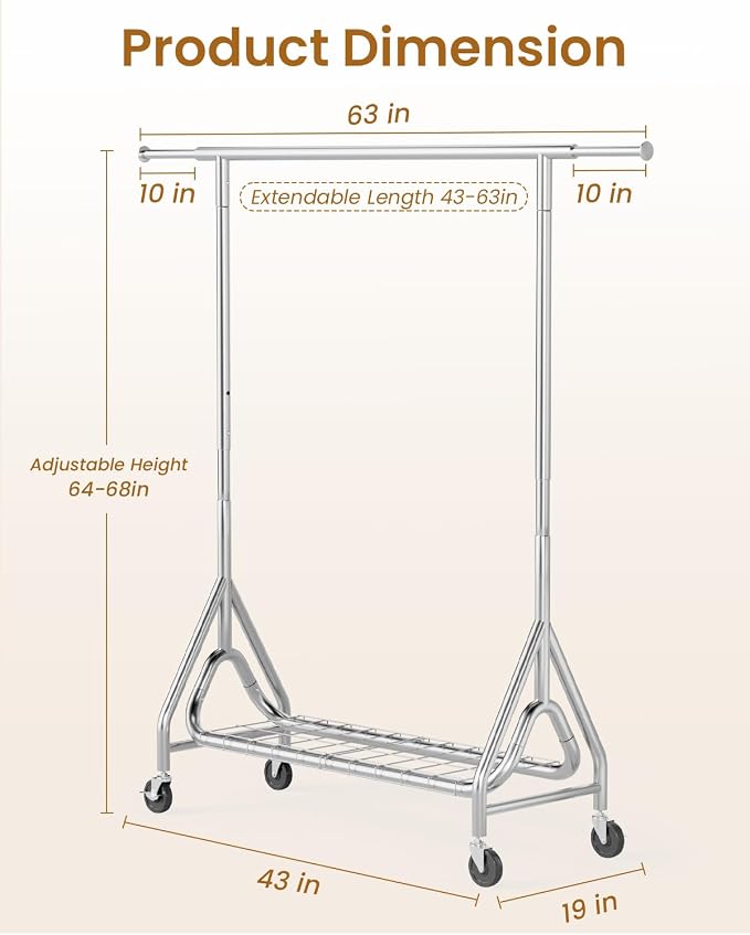 Heavy Duty Garment Rack, Metal Clothes Rack Load 450 LBS, Rolling Clothing Racks for Hanging Clothes with Lockable Wheels, Wardrobe Closet Coat Racks for Bedroom, Silver