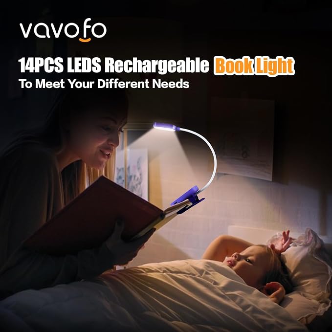 VAVOFO Rechargeable Book Light, 14 LEDs Eye Care Clip On Amber Reading Light for Bookworms Reading in Bed with 9 Colors 9 Brightness (Dark Purple)