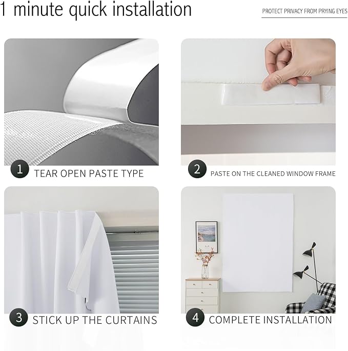 self Adhesive Curtains Portable Blackout Curtain Simple and Easy to Install Bedroom Window Thermal Lnsulated Kitchen Room Darkening Black Small Drapes, 59" W X 71" L, White, 2 Panels