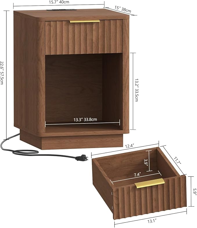 Akxomel Fluted Nightstand Set 2 Bedside Table with Charging Station Walnut | Wooden Side Table with LED Light, Modern Mid Century End Table with Drawer, 15" D x 15.7" W x 22.6" H, for Bedroom