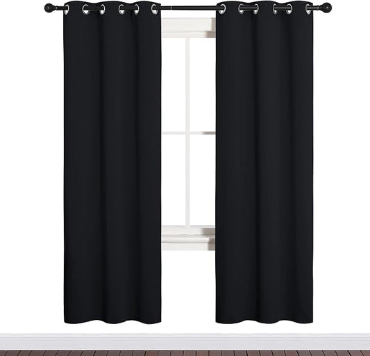 NICETOWN Black Blackout Curtains for Bathroom 34" Wide x 72" Long 2 Panels | Black Solid Thermal Insulated Grommet Blackout Drapes Drapery Panels for Window, Noise Reducing Room Darkening Decor