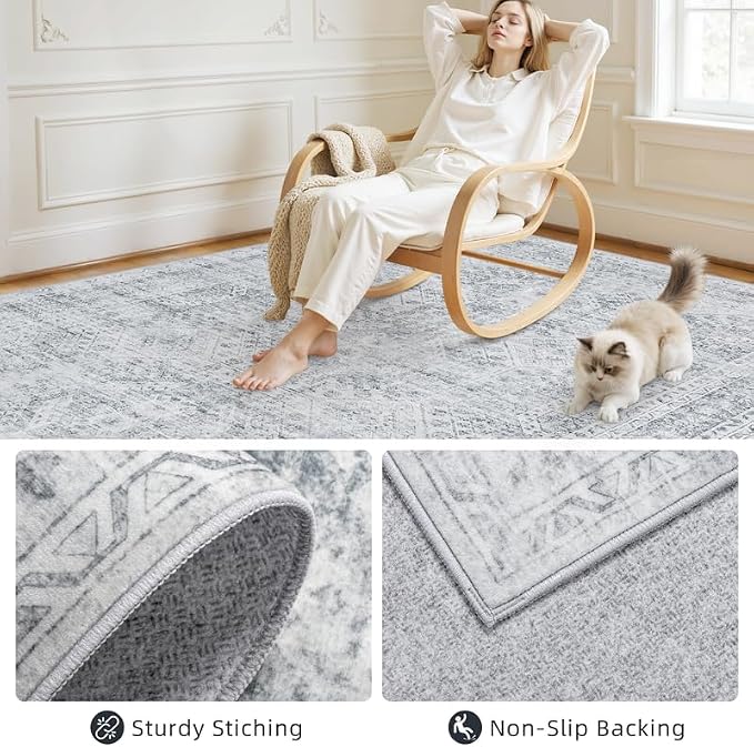 Washable Area Rugs 2x3: Neutral Living Room Bedroom Carpet Gray | Vintage Boho Soft Small Indoor Decor Floor Non-Slip Low Pile Neutral Farmhouse Entryway Laundry Bathroom Bedroom Beside Rugs